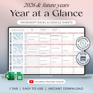 Może przedstawiać: Cyfrowy planer na rok 2026 i kolejne lata, wyświetlany na ekranie laptopa. Układ 'Year at a Glance' przeznaczony dla Microsoft Excel i Google Sheets. Zawiera widok kalendarza i harmonogramy tygodniowe. Zawiera samouczek YouTube.