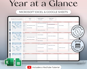 Resumen del año - 2026 y años futuros - Planificador anual - Plan anual - Calendario - Excel y Hojas de cálculo de Google - Tema del océano - Descarga instantánea