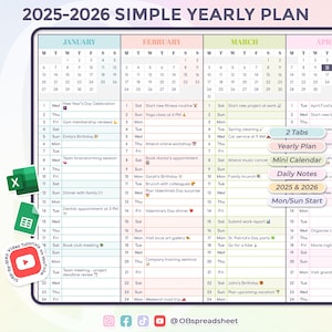 Planificador anual sencillo 2025-2026 - Excel y Google Sheets - Lunes/Domingo - Eventos, cumpleaños y notas diarias - Calendario - Descarga inmediata