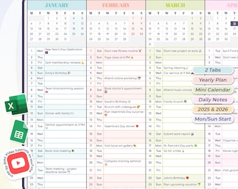 2025 2026 Simple Yearly Planner - Excel and Google Sheets - Monday/Sunday - Events, Birthdays & Daily Notes - Calendar - Instant Download