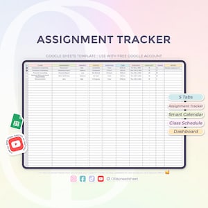 Puede incluir: Una plantilla de Google Sheets para hacer un seguimiento de las tareas. La plantilla incluye columnas para la clase, la tarea, la prioridad, el estado, la duración, la hora, la fecha de vencimiento, los días restantes, la calificación y las notas. La plantilla está diseñada para ayudar a los estudiantes a mantenerse organizados y al tanto de su trabajo escolar.