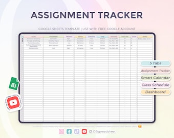 Assignment Tracker for Students - Smart Calendar - Academic Student Planner - Google Sheets Template - Spreadsheet - Instant Download