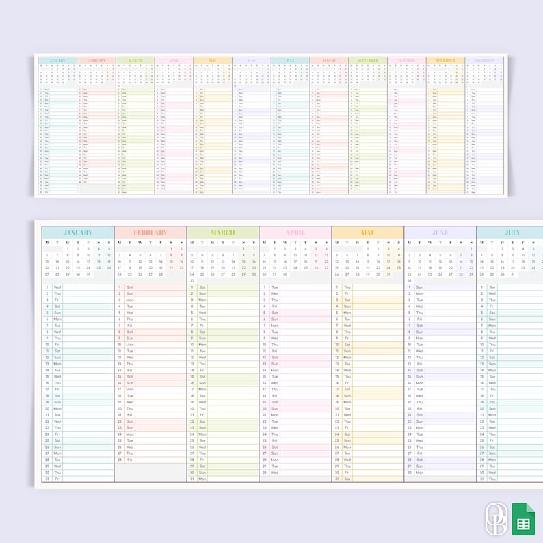 May include: A printable calendar with a pastel color scheme. The calendar is divided into 12 months, with each month having its own color. The calendar is designed to be printed and used as a planner or organizer.