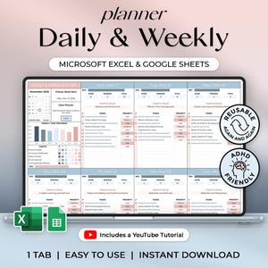 May include: A digital planner displayed on a laptop screen, featuring a daily and weekly layout for Microsoft Excel and Google Sheets. The planner includes task lists, progress trackers, and a calendar for November 2025. The image also includes the text "Reusable Again and Again" and "ADHD Friendly".
