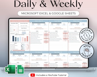Daily & Weekly Plan + Clear Button - ADHD Planner - Excel and Google Sheets Template - Ocean Theme - Instant Download