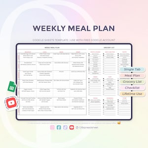 Weekly Meal Plan & Grocery List - Food Shopping List - Meal Planner - Google Sheets Template - Spreadsheet - Instant Download