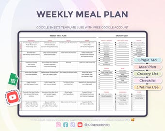 Wöchentlicher Menüplan & Einkaufsliste - Lebensmittel-Einkaufsliste - Mahlzeitenplaner - Google Sheets Vorlage - Sofort Download