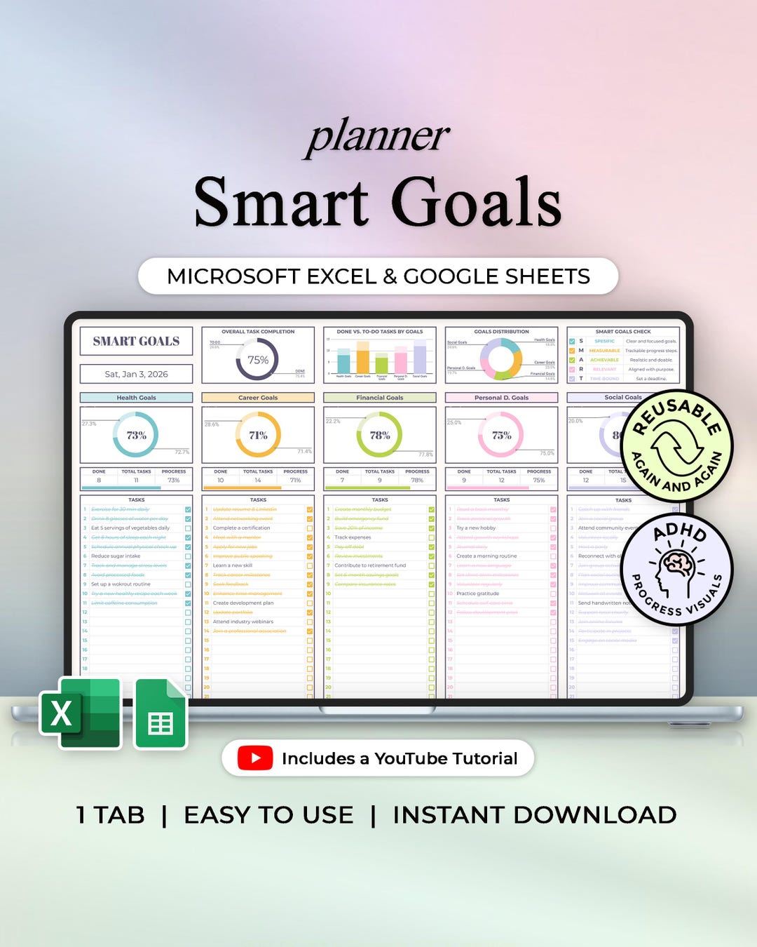 Smart Goals Tracker - Goal Planner - Excel & Google Sheets Template ...