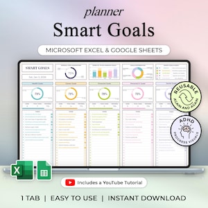 Rastreador de objetivos inteligente - Planificador de objetivos - Plantilla de Excel y Hojas de cálculo de Google - Tema pastel - Descarga instantánea