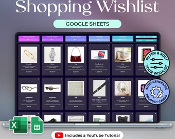 Shopping Wishlist Organizer - Shopping Planner - Wishlist Tracker - Purchase List - Google Sheets Template - Dark Theme - Instant Download