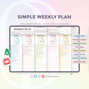 Eenvoudige en effectieve weekplanner - sjabloon voor Google Spreadsheets - spreadsheet - dag- en weekschema - direct downloaden
