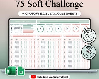 75 Soft Challenge - Habit Tracker - Excel and Google Sheets Template - Spreadsheet - Nature Theme - Instant Download