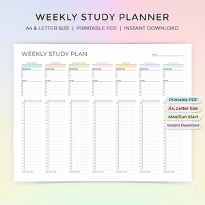 May include: A white weekly study planner with the text "WEEKLY STUDY PLANNER" at the top. The planner includes sections for each day of the week, with space for priorities, to-do lists, and a time grid. The planner is A4 and letter size.