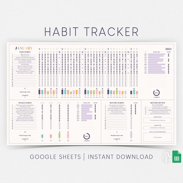 2024 Habit Tracker - Daily Weekly Monthly Planner - Google Sheets Template - Spreadsheet - Instant Download