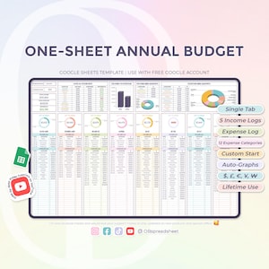 One Sheet Annual Budget - Tracker di entrate e spese - Pianificatore di finanze personali - Modello di Fogli Google - Foglio di calcolo - Download immediato