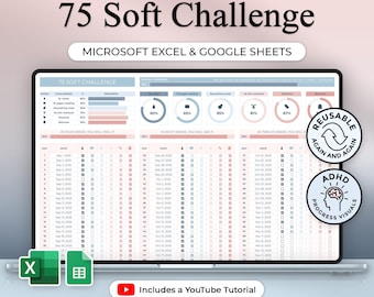 Może przedstawiać: Cyfrowy tracker dla "75 Soft Challenge" wyświetlany na ekranie laptopa. Tracker jest przeznaczony dla Microsoft Excel i Google Sheets, z wizualizacjami postępu i samouczkiem na YouTube. Projekt zawiera tekst "Wielokrotnego użytku w kółko" i "Wizualizacje postępu ADHD."
