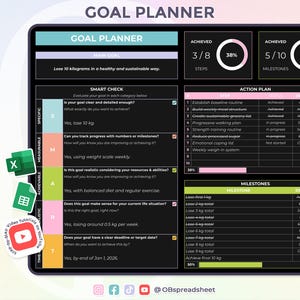 May include: Digital goal planner on a tablet screen. The planner includes sections for main goals, smart checks, action plans, and milestones. The goal is to lose 10 kilograms. The planner is designed for Excel and Google Sheets, with an instant download option.