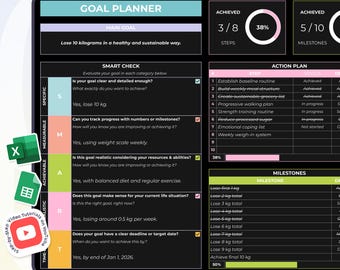 Goal Planner - Dark - Action Plan - Milestones - Smart Goal Tracker - Excel and Google Sheets Template - Spreadsheet - Instant Download