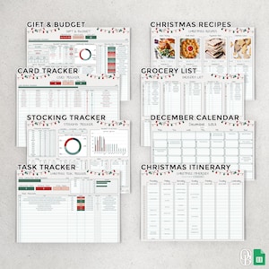 May include: Printable Christmas planner with a green and red colour scheme. The planner includes sections for gift and budget tracking, card tracker, stocking tracker, task tracker, Christmas recipes, grocery list, December calendar, and Christmas itinerary.