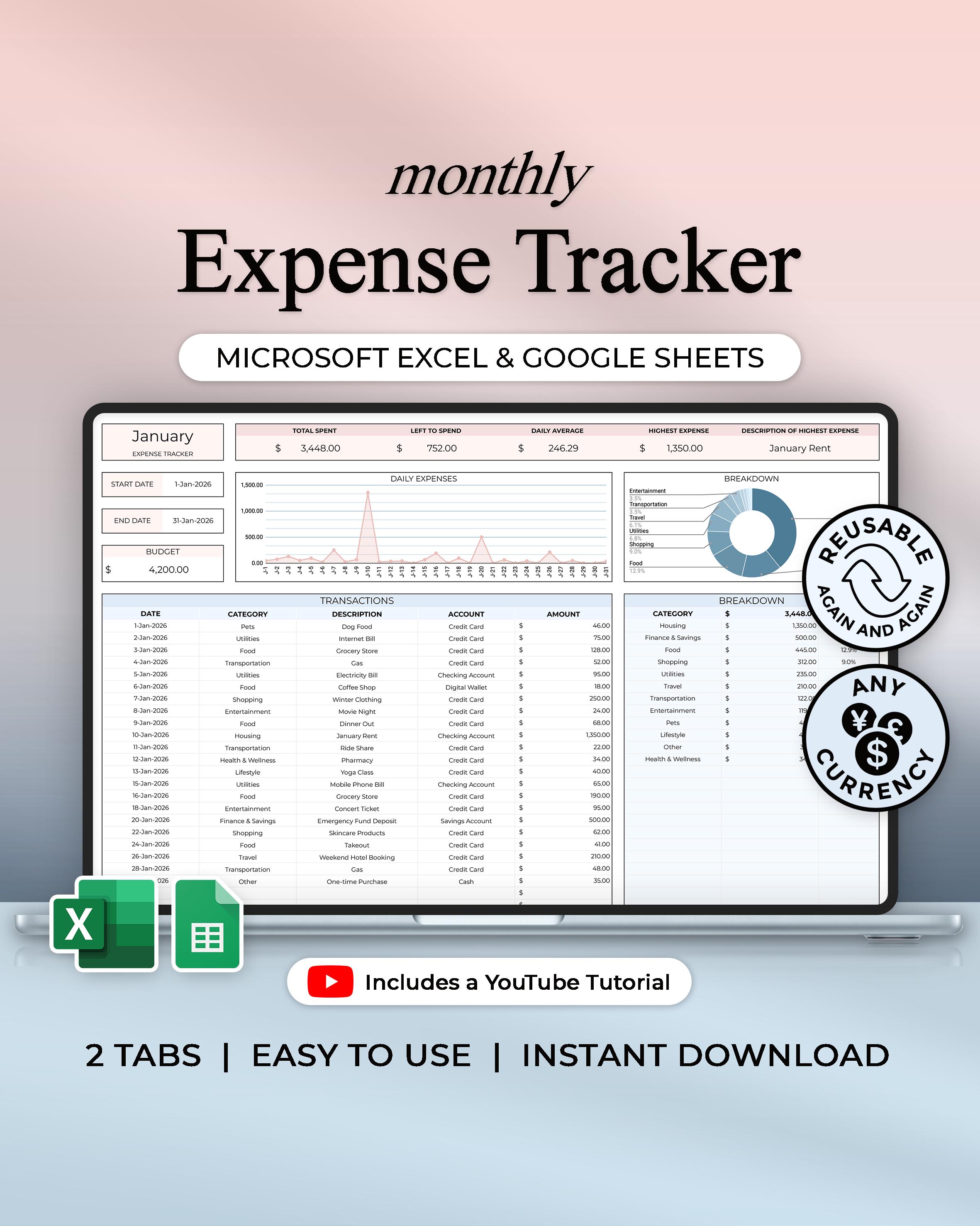 Expense Tracker - Simple Monthly Spending Tracker - Excel and Google ...