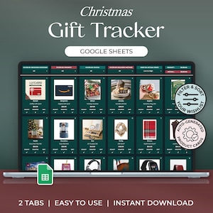 May include: A digital Christmas Gift Tracker for Google Sheets displayed on a laptop screen. The interface features a grid of gift items with images, names, and prices, plus filter options. Text includes "Christmas Gift Tracker", "GOOGLE SHEETS", "FILTER & SORT YOUR WISHLIST", "AUTO-GENERATED PRODUCT CARDS", and "2 TABS | EASY TO USE | INSTANT DOWNLOAD".