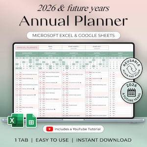 Könnte beinhalten: Digitaler Jahresplaner für 2026 und Folgejahre, kompatibel mit Microsoft Excel und Google Sheets. Der Planer wird auf einem Laptop-Bildschirm mit Kalenderansicht angezeigt. Inklusive YouTube-Tutorial.