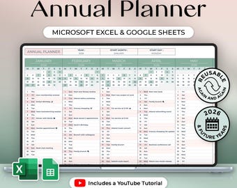 Planificador anual - 2026 y años futuros - Eventos, cumpleaños, notas diarias - Calendario - Hojas de cálculo de Excel y Google - Tema de naturaleza - Descarga instantánea