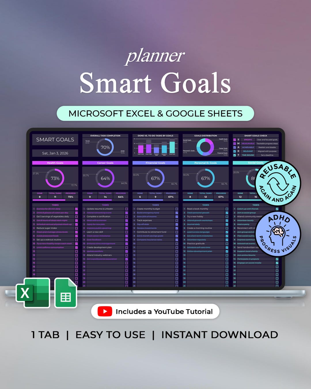 Smart Goals Tracker - Goal Planner - Excel & Google Sheets Template ...