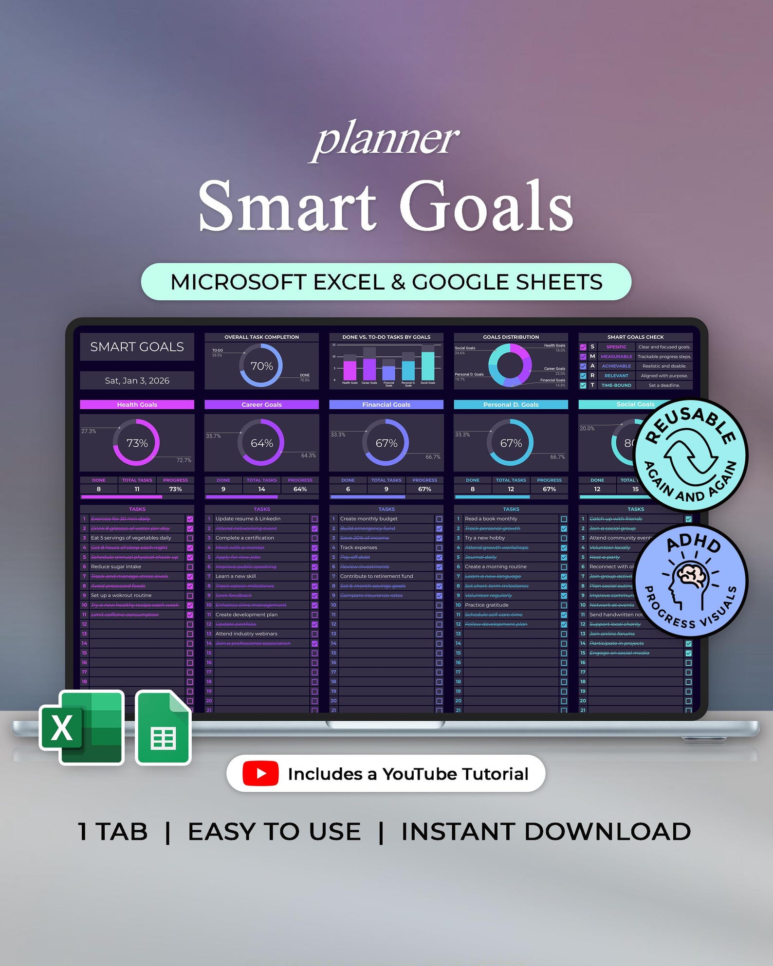 Smart Goals Tracker - Goal Planner - Excel & Google Sheets Template ...
