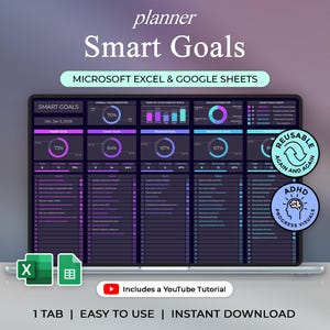 May include: A laptop screen displays a "Smart Goals" planner template. The template is designed for Microsoft Excel and Google Sheets, featuring progress tracking, goal breakdowns, and a YouTube tutorial. The design includes a reusable badge and ADHD visuals.