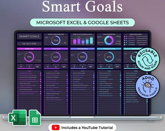 Smart Goals Tracker - Goal Planner - Excel & Google Sheets Template - Dark Theme - Instant Download