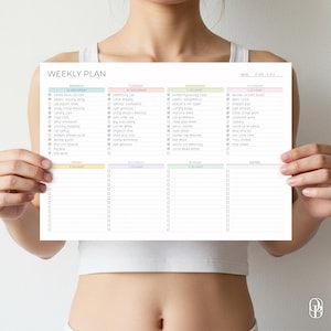 May include: A weekly planner with the text "WEEKLY PLAN" at the top. The planner is divided into days of the week, with space for notes. Each day has a list of tasks with checkboxes. The planner is held by a person.