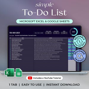 Simple To Do List - Task Tracker - Excel and Google Sheets Template - Dark Theme - Instant Download