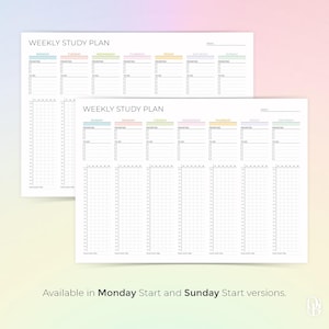 May include: Two white Weekly Study Plan sheets with pastel headers for each day of the week. The plans include sections for priorities, to-do lists, and time slots. The text "Available in Monday Start and Sunday Start versions" is at the bottom.