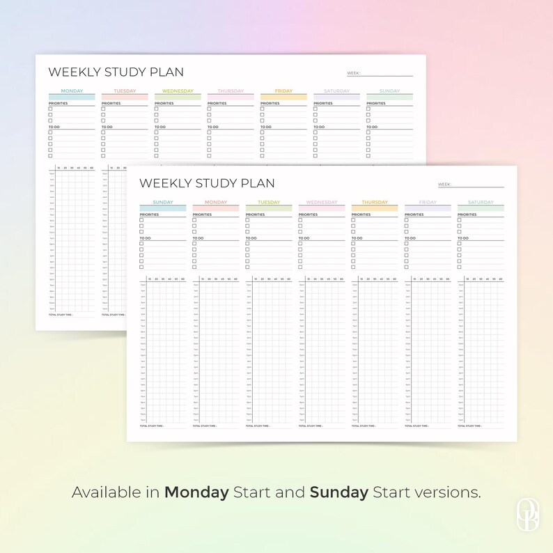 May include: Two white Weekly Study Plan sheets with pastel headers for each day of the week. The plans include sections for priorities, to-do lists, and time slots. The text "Available in Monday Start and Sunday Start versions" is at the bottom.