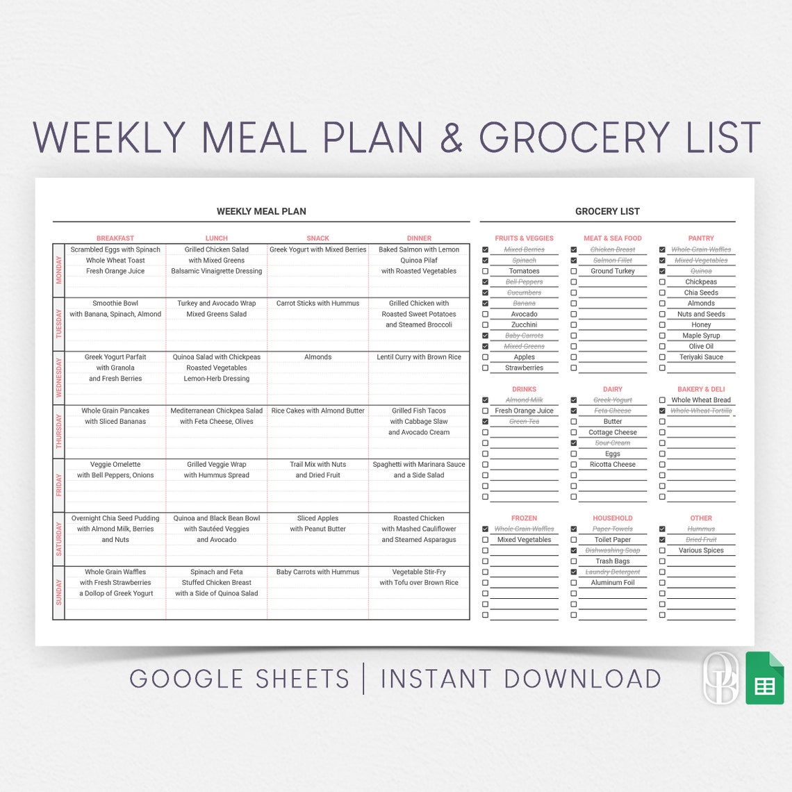 Weekly Meal Plan & Grocery List Food Shopping List Meal Planner Google ...