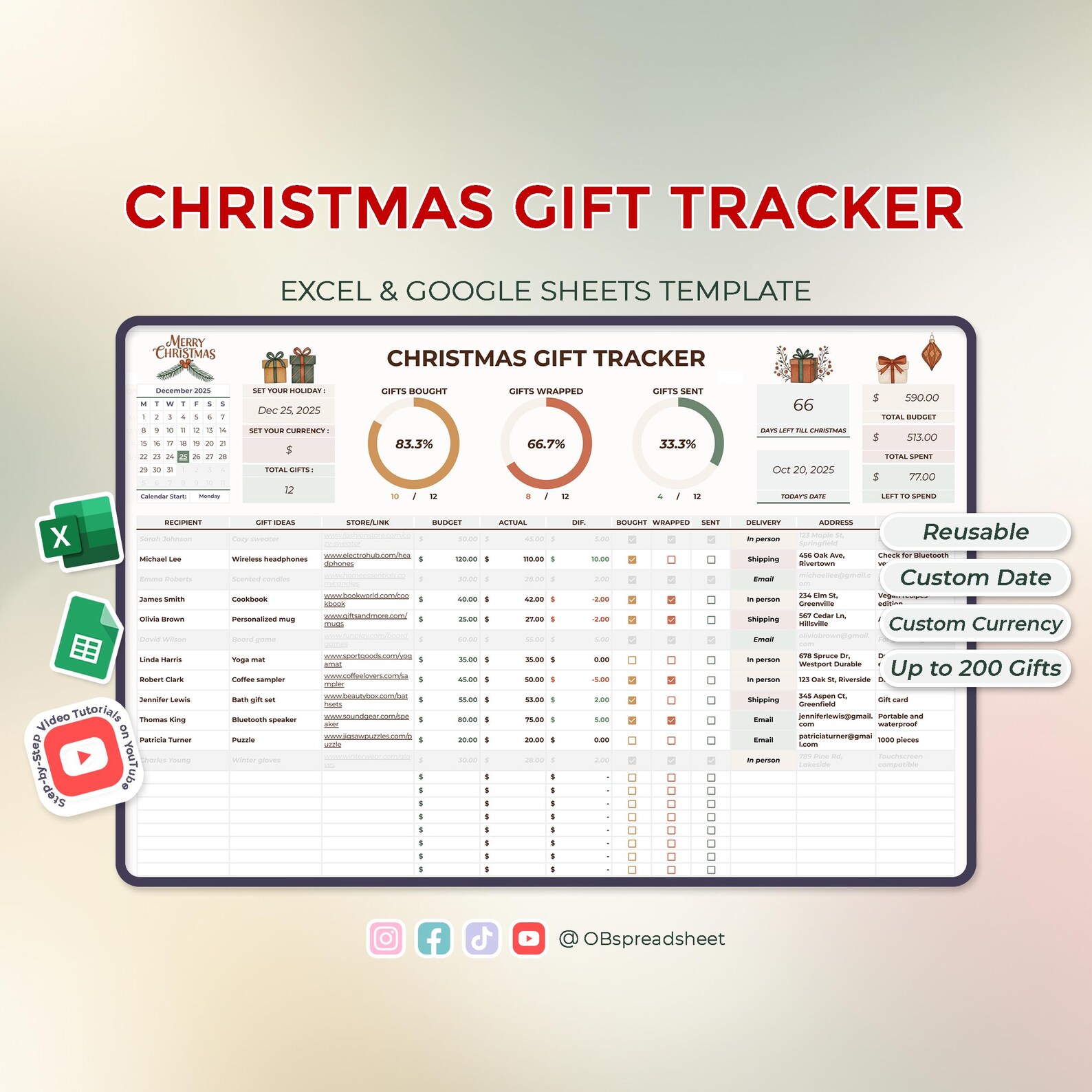 Christmas Gift Tracker Excel and Google Sheets Template Spreadsheet