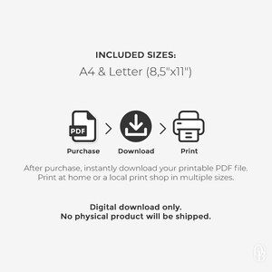 May include: White graphic with the text "INCLUDED SIZES: A4 & Letter (8.5"x11")". Icons show the steps: Purchase, Download, Print. Text states: "Digital download only. No physical product will be shipped."