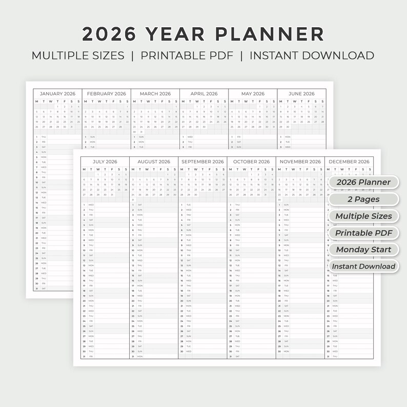 2026 Year Planner - Printable PDF - 2026 Calendar - Annual Planner