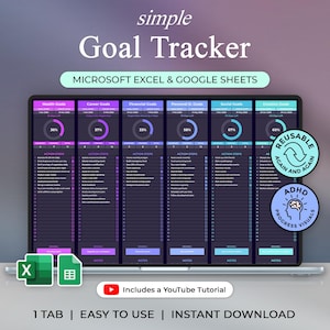May include: A digital goal tracker displayed on a laptop screen. The tracker is designed for Microsoft Excel and Google Sheets, with sections for various goals. The design includes progress visuals and is labeled as reusable. The text includes '1 TAB | EASY TO USE | INSTANT DOWNLOAD'.