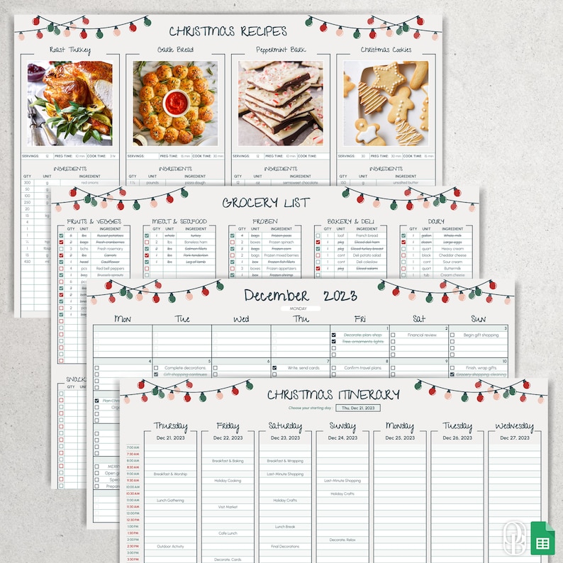 May include: A printable Christmas planner with a red, green and white colour scheme. The planner includes a grocery list, a December calendar and a Christmas itinerary. The planner is decorated with a string of lights.