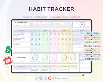Habit Tracker - Lifetime Usability - Daily Weekly Monthly Habits - Google Sheets Template - Spreadsheet - Instant Download