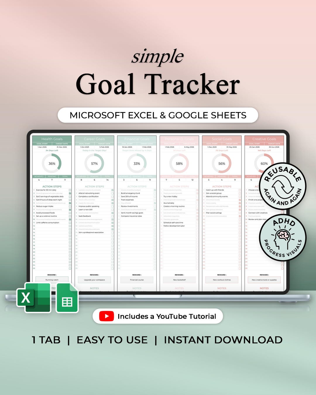 Simple Goal Tracker - Action Steps - Excel & Google Sheets Template ...