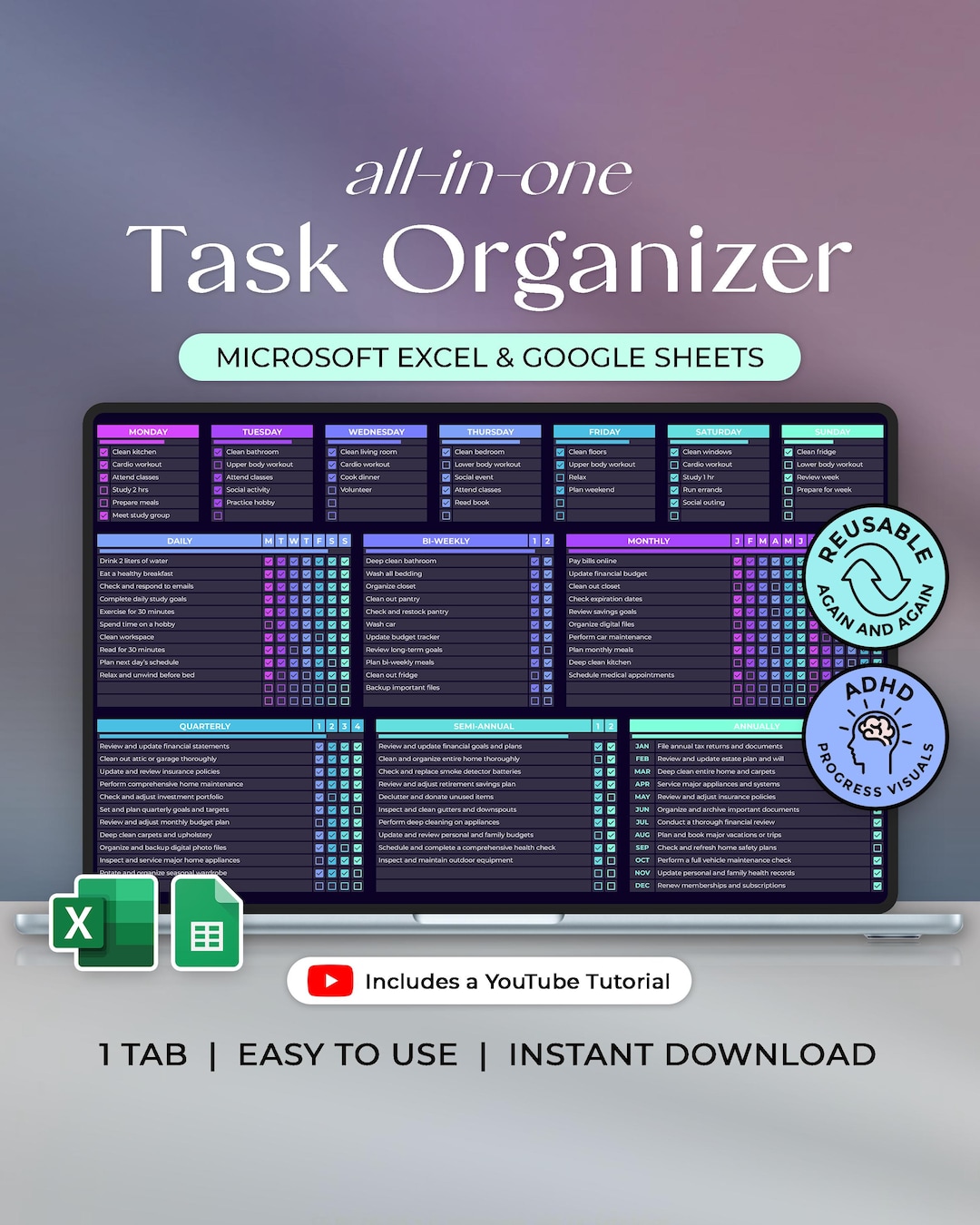All in One Task Organizer - To Do List - Daily Weekly Monthly Annually - Excel and Google 