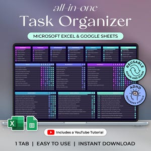 May include: A digital task organizer template for Microsoft Excel and Google Sheets. The template features a weekly, monthly, and quarterly layout with checkboxes for tracking tasks. Includes a YouTube tutorial. The design is purple, green, and black.