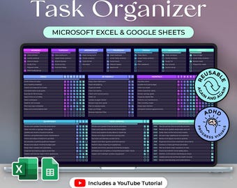 All in One Task Organizer - To Do List - Daily Weekly Monthly Annually - Excel and Google Sheets Template - Dark Theme - Instant Download