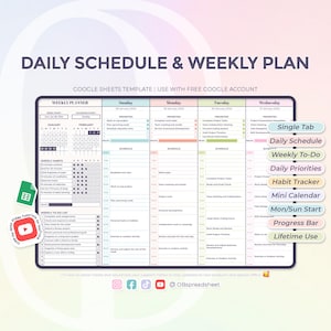 Dagelijks schema en weekplan - sjabloon voor Google Spreadsheets - dagelijkse checklist - taken - weekplanner - spreadsheet - direct downloaden