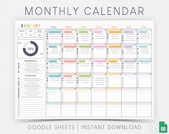 Calendario mensual - Años ilimitados - Inicio domingo y lunes - Rastreador - Lista de tareas pendientes - Plantilla de Hojas de cálculo de Google - Hoja de cálculo - Descarga instantánea