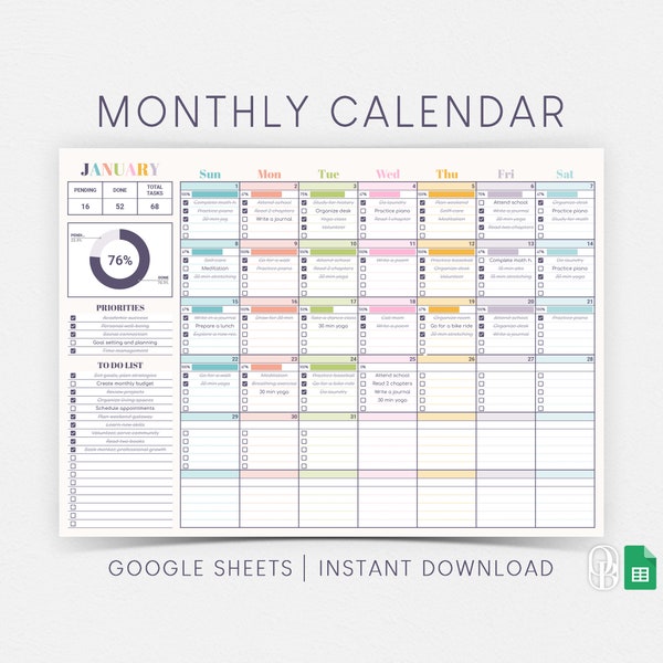 Monthly Calendar - Unlimited Years - Sunday & Monday Start -  Tracker - To Do List - Google Sheets Template - Spreadsheet - Instant Download