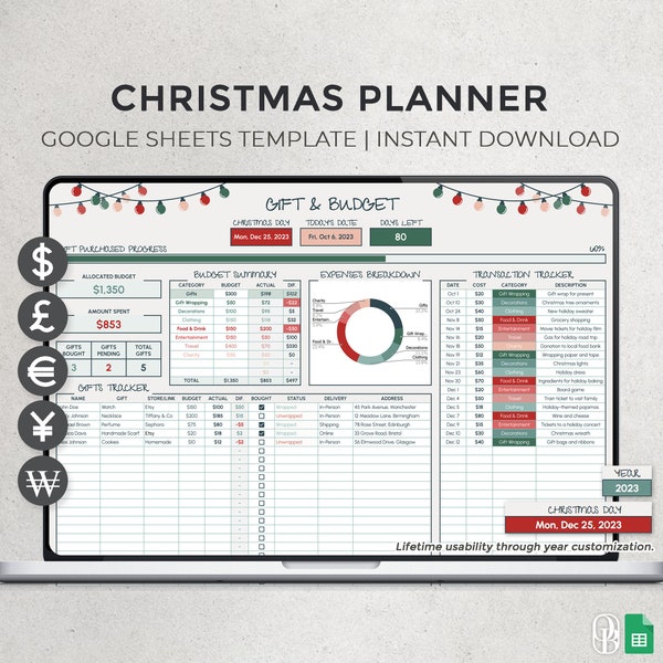 Ultimate Christmas Planner - Gift Tracker - Lifetime Usability - Holiday Planner - Google Sheets Template - Spreadsheet - Instant Download